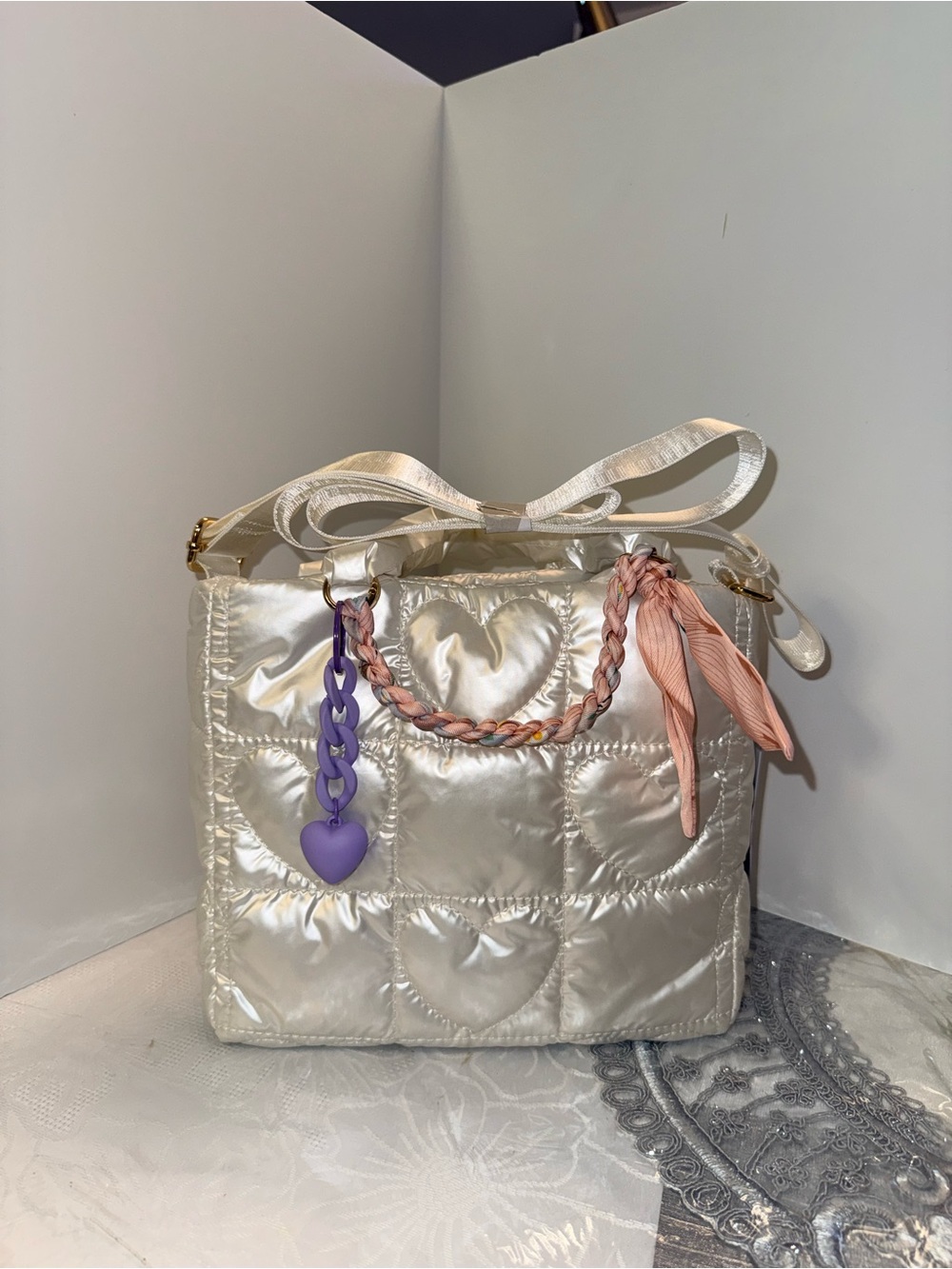 Quilted Heart Tote in Pearl White with Pink and Lavender Accents